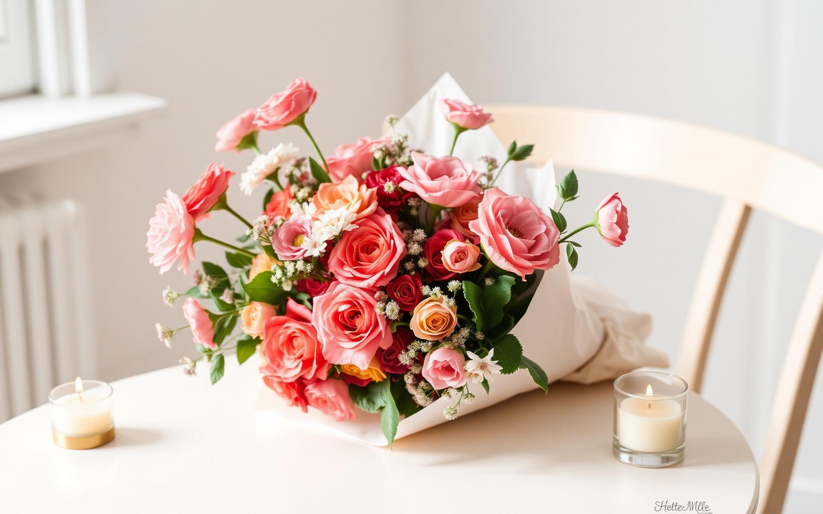 Bursdagsbukett i varme rosa og korallfarger pakket i papir